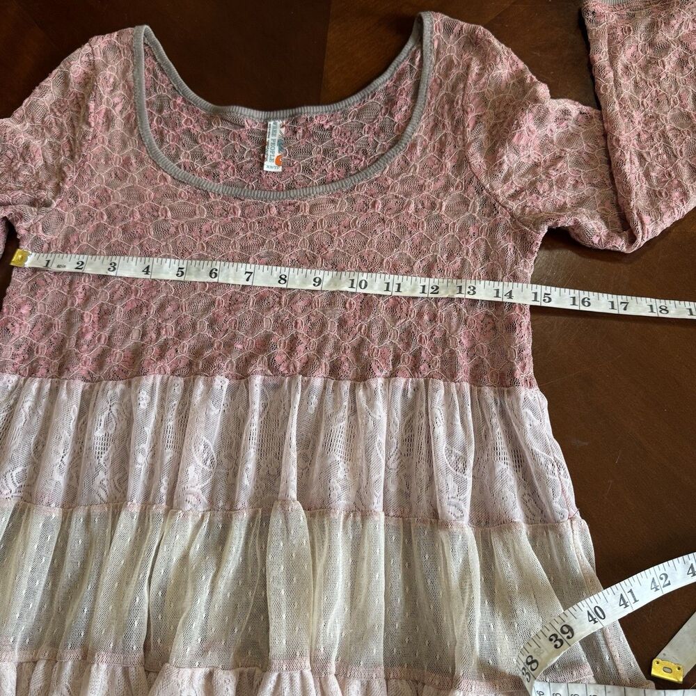 Free People Women XS Pink Lace Tiered Babydoll Tunic Top Boho Fairy Y2K Romantic - Picture 11 of 16